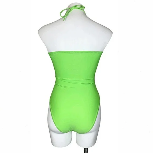 Pastel High-Leg O-Ring Halter One-Piece Swimsuit in Lime Green - Picture 4 of 11